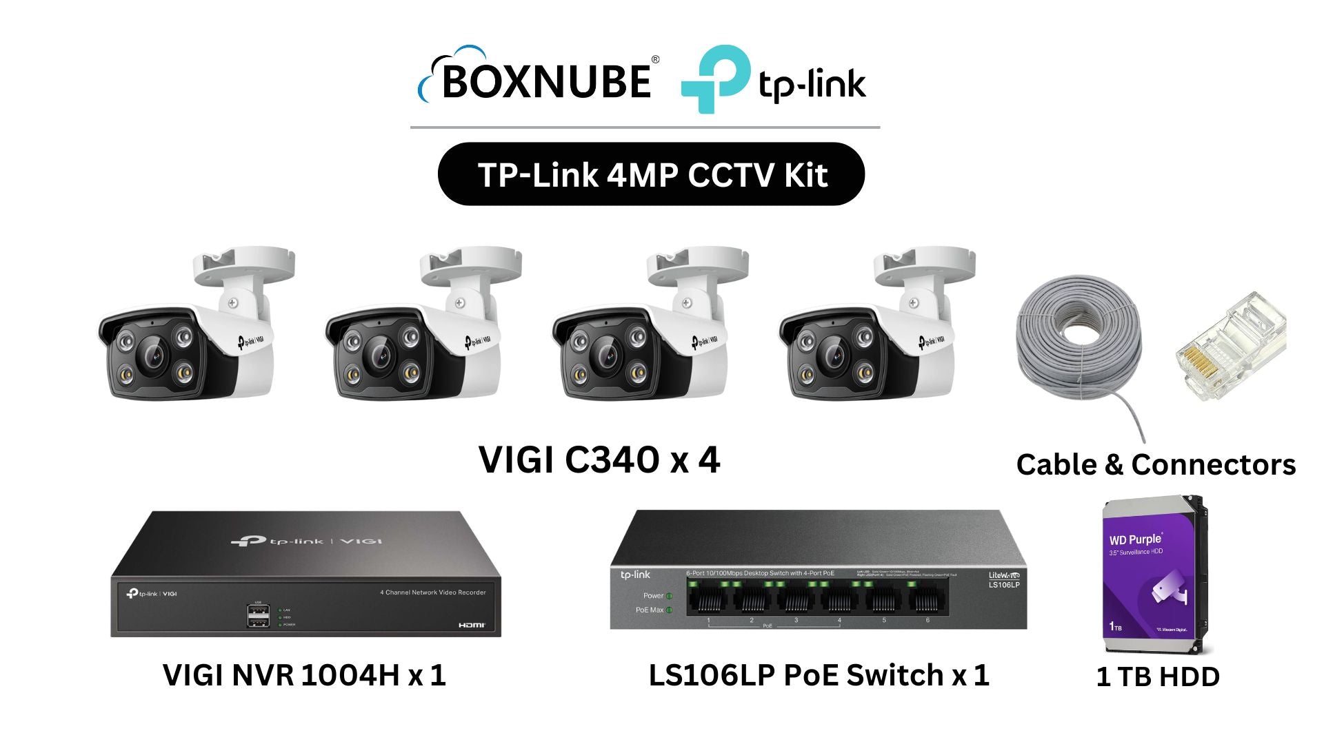 TP-Link VIGI 4MP Full HD 4 Camera Kit Bundle | 4 x VIGI C340, 1 x 4 Channel NVR, 1 x 4+2 Port PoE Switch with 100M CAT6 Cable & RJ45 Connectors TP-Link VIGI 4MP Full HD 4 Camera Kit Bundle | 4 x VIGI C340, 1 x 4 Channel NVR, 1 x 4+2 Port PoE Switch with 100M CAT6 Cable & RJ45 Connectors